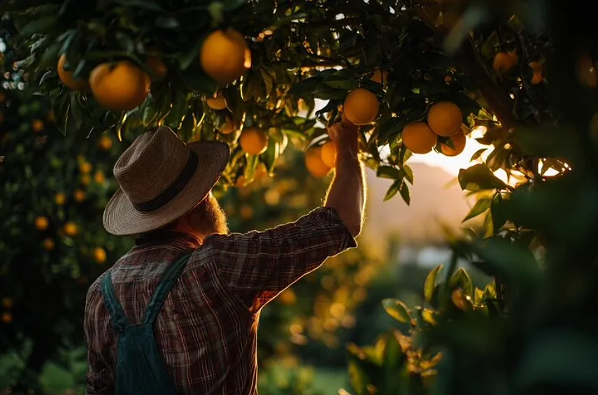 Agricultor cosechando naranjas al atardecer