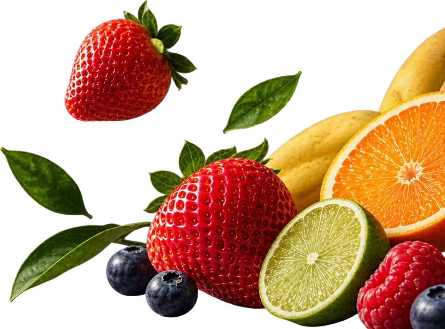 Fresas, naranja, limón, moras y hojas frescas